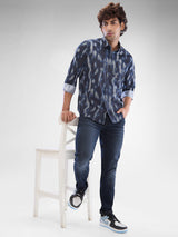 Men Shirt Print Black Slim Fit