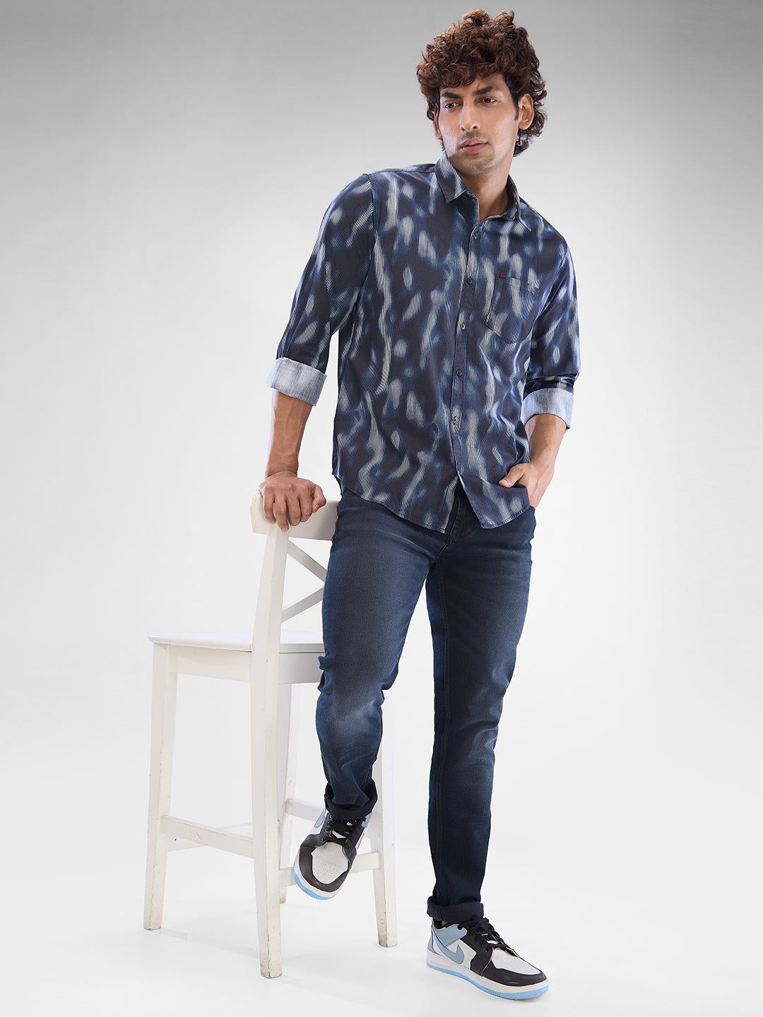 Men Shirt Print Black Slim Fit