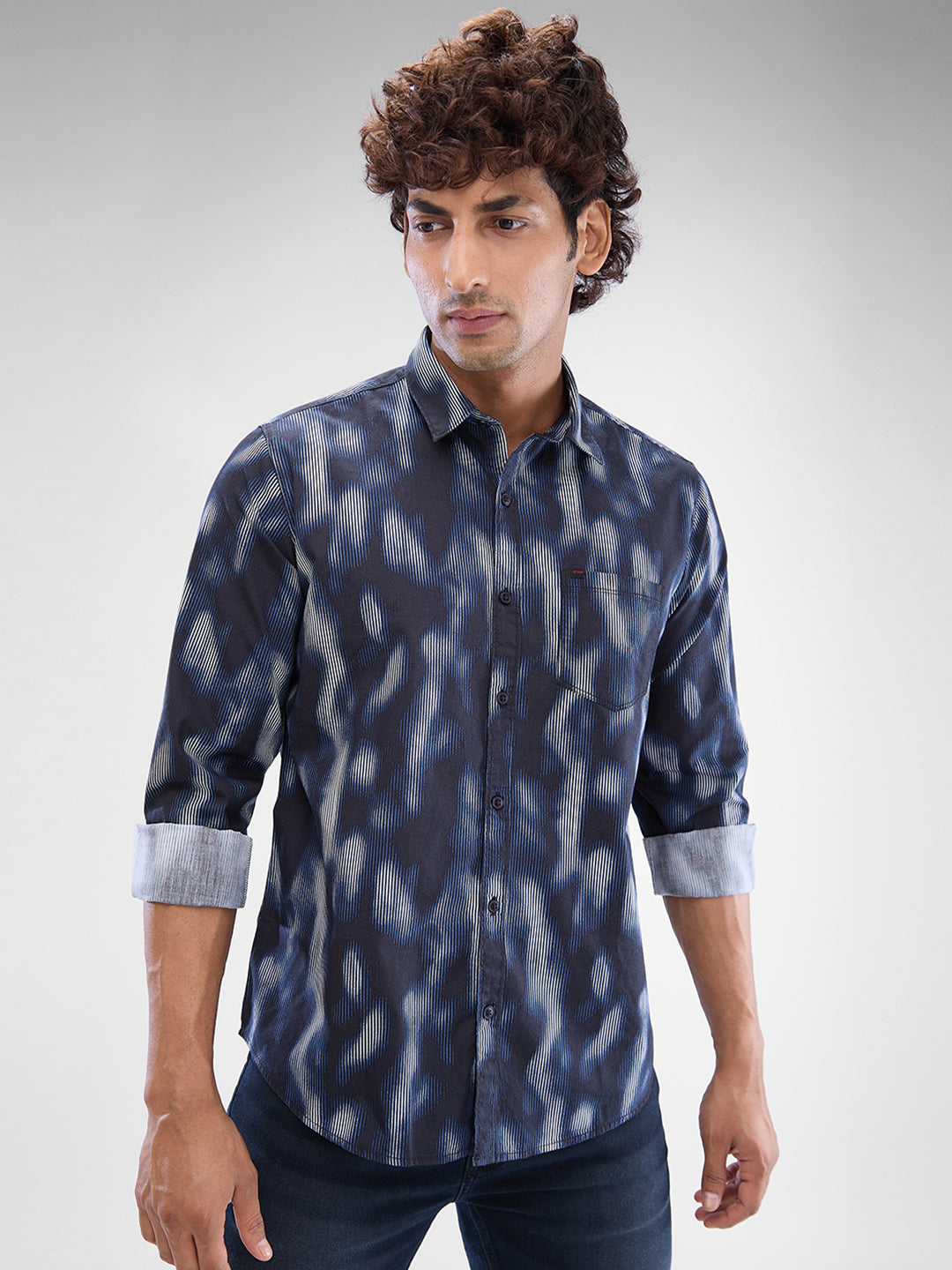 Spykar Black Cotton Full Sleeve Raised Collar Shirt For Men