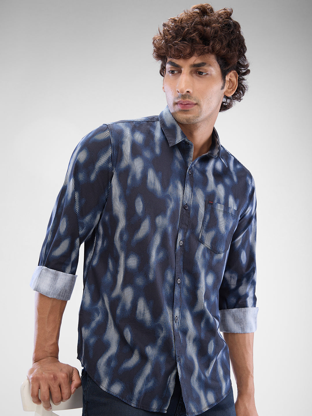 Men Shirt Print Black Slim Fit