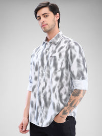 Men Shirt Print White Slim Fit