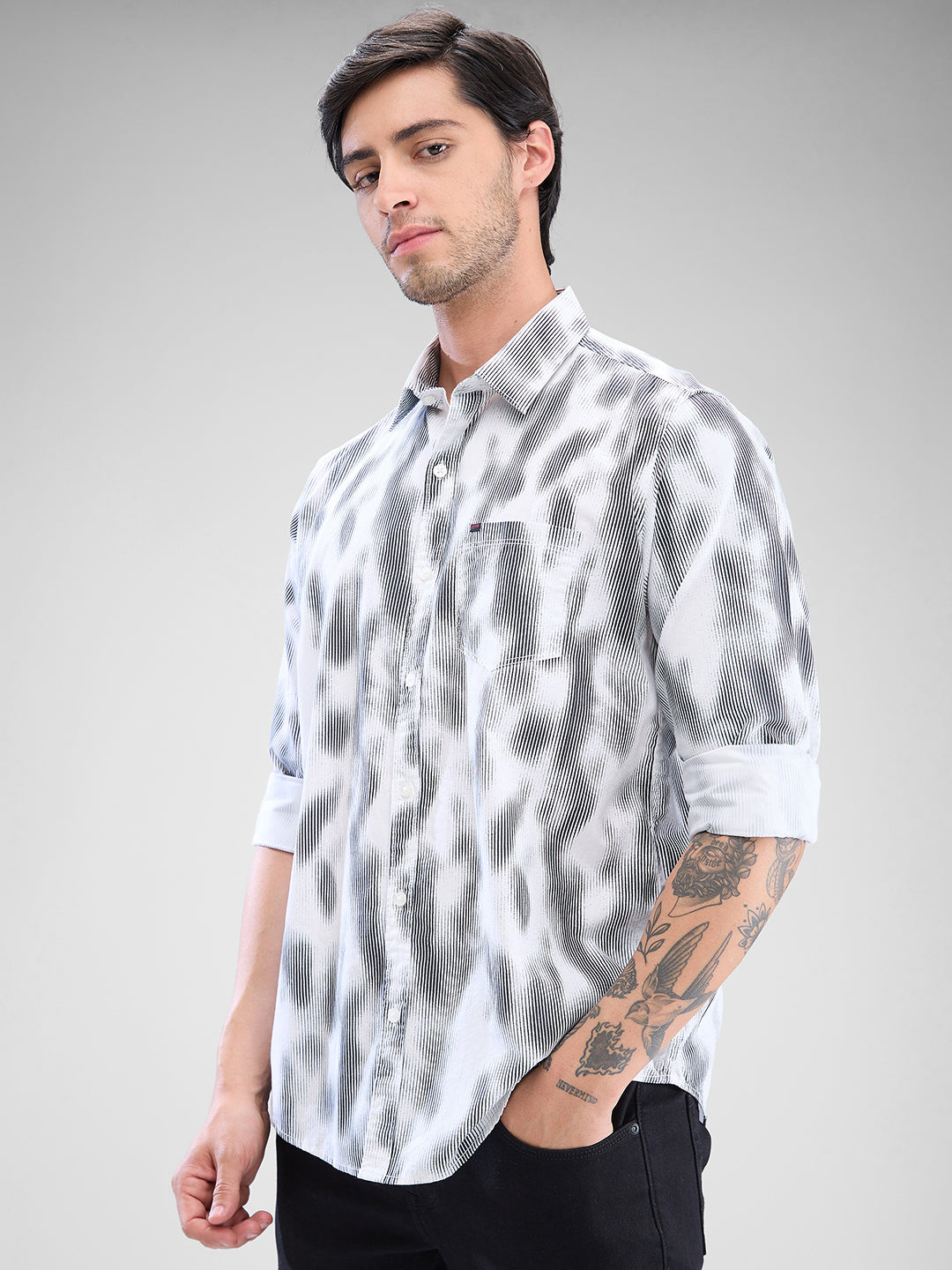 Men Shirt Print White Slim Fit