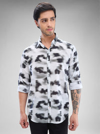 Men Shirt Print Grey Slim Fit