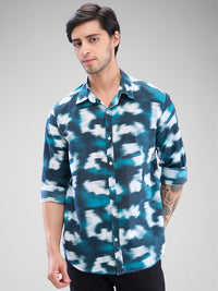 Men Shirt Print Green Slim Fit