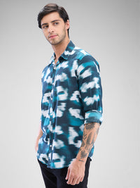 Men Shirt Print Green Slim Fit