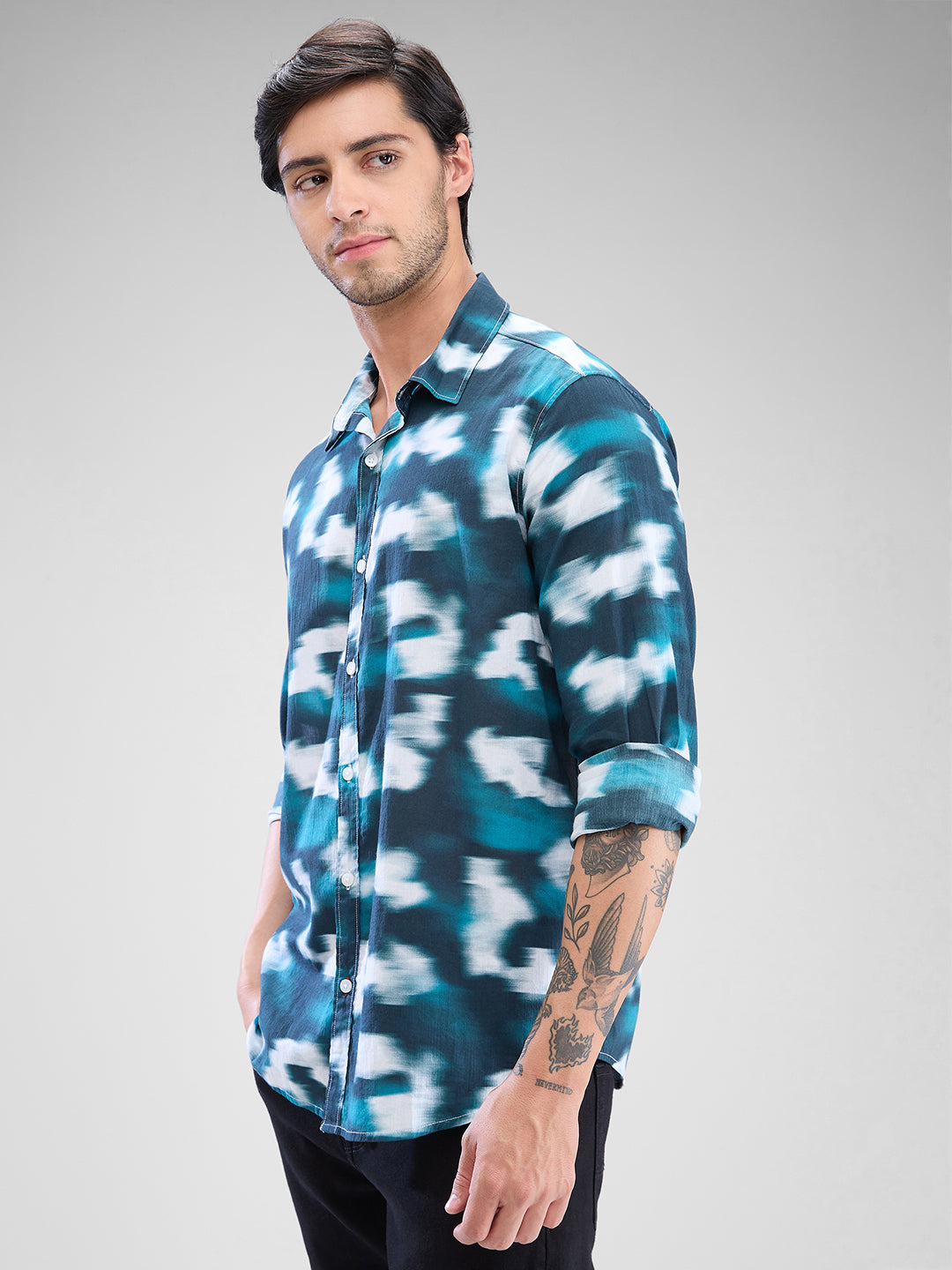 Men Shirt Print Green Slim Fit