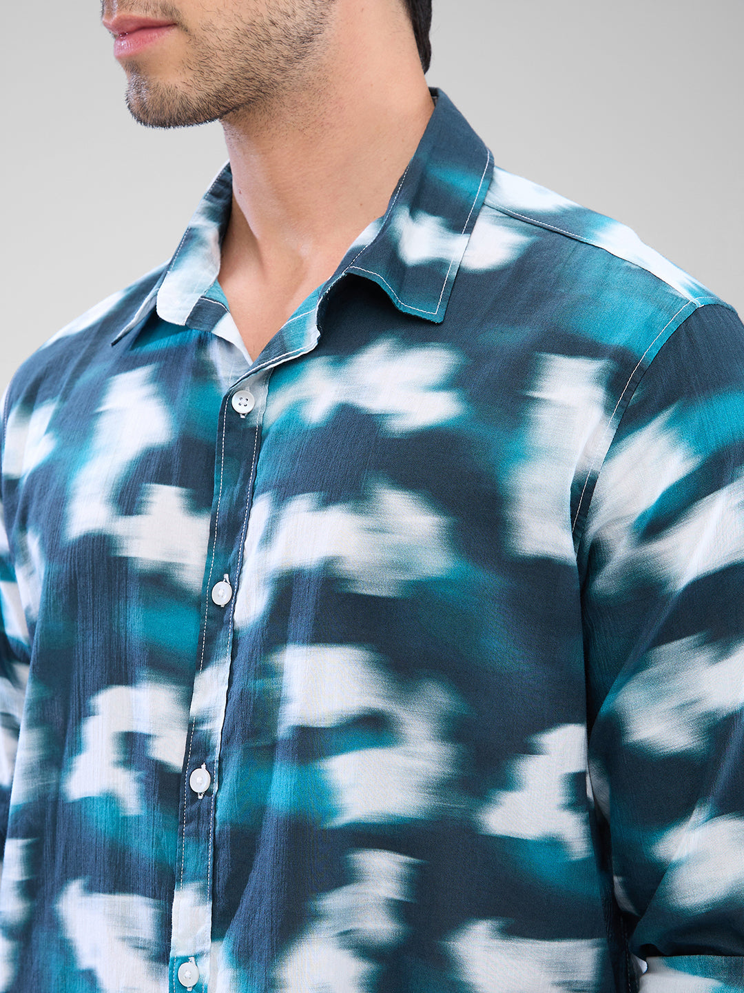 Men Shirt Print Green Slim Fit