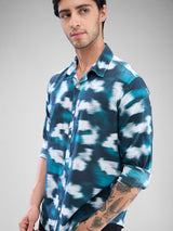 Men Shirt Print Green Slim Fit
