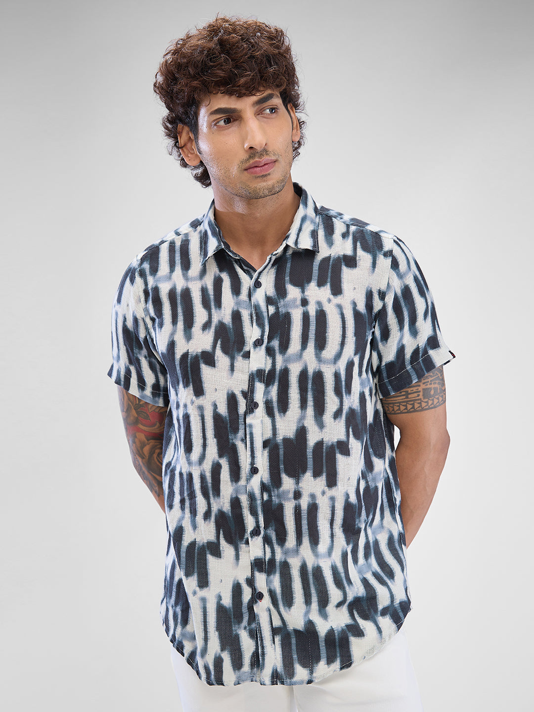 Men Shirt Print Green Slim Fit