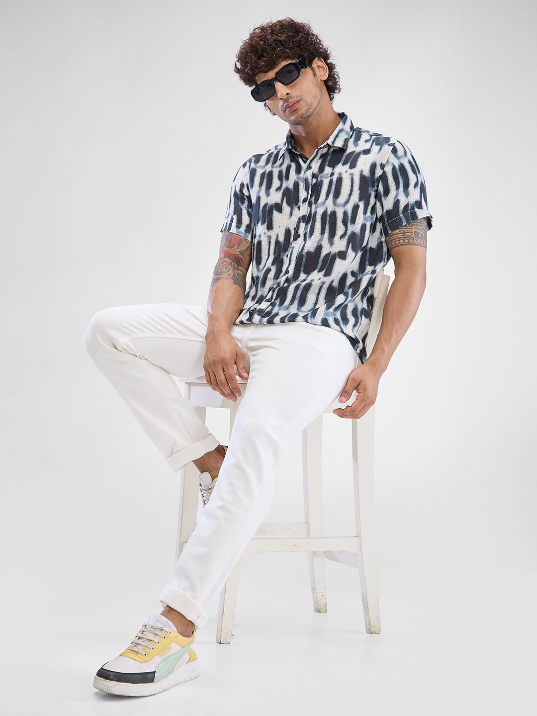 Men Shirt Print Green Slim Fit