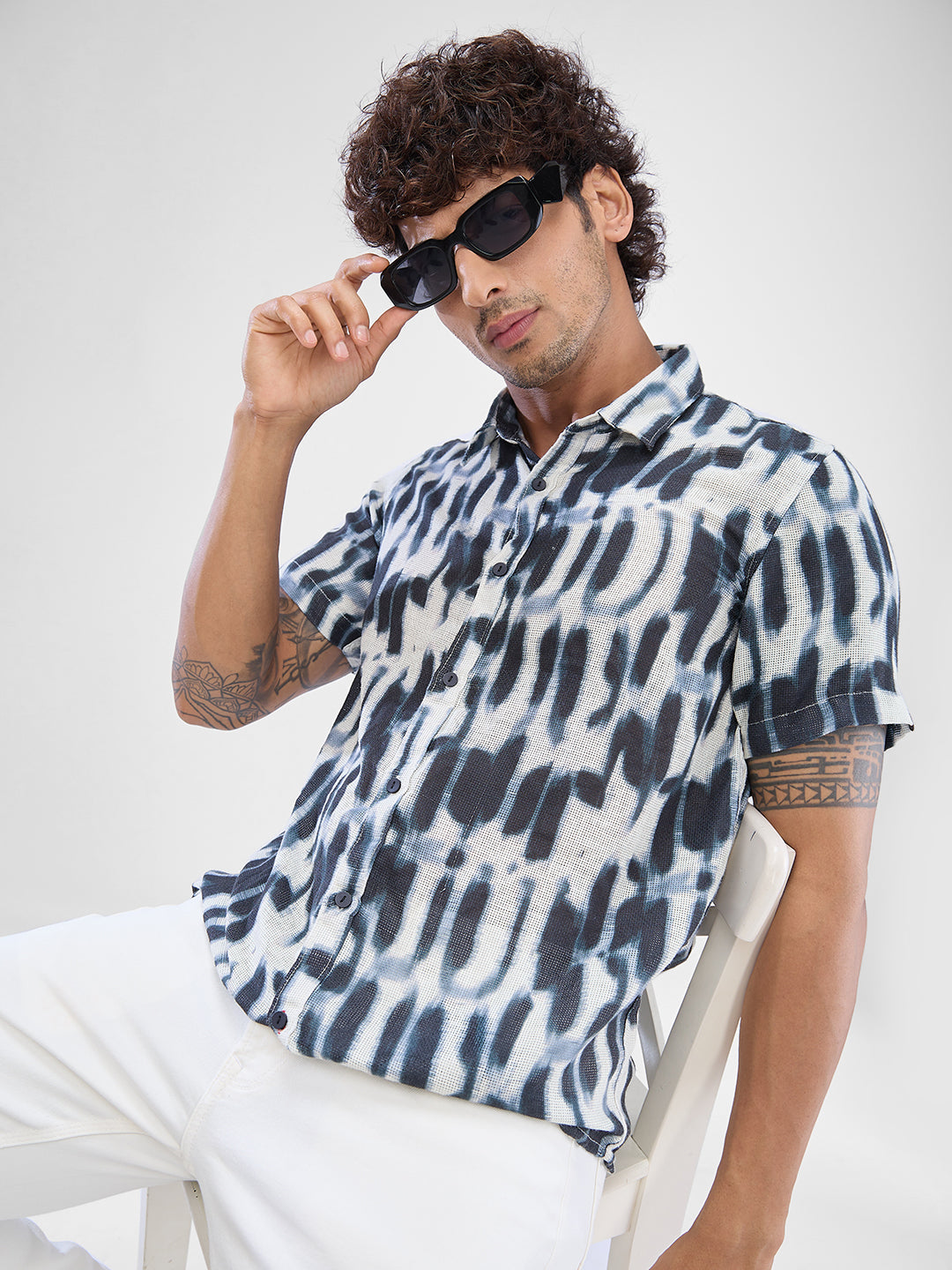 Men Shirt Print Green Slim Fit