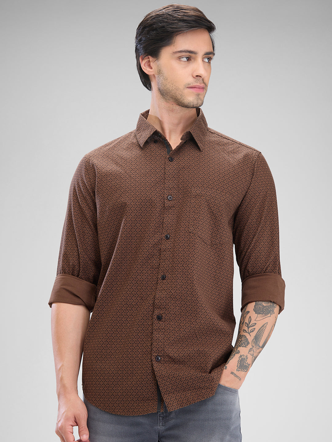 Spykar Bison Brown Cotton Full Sleeve  Shirt For Men