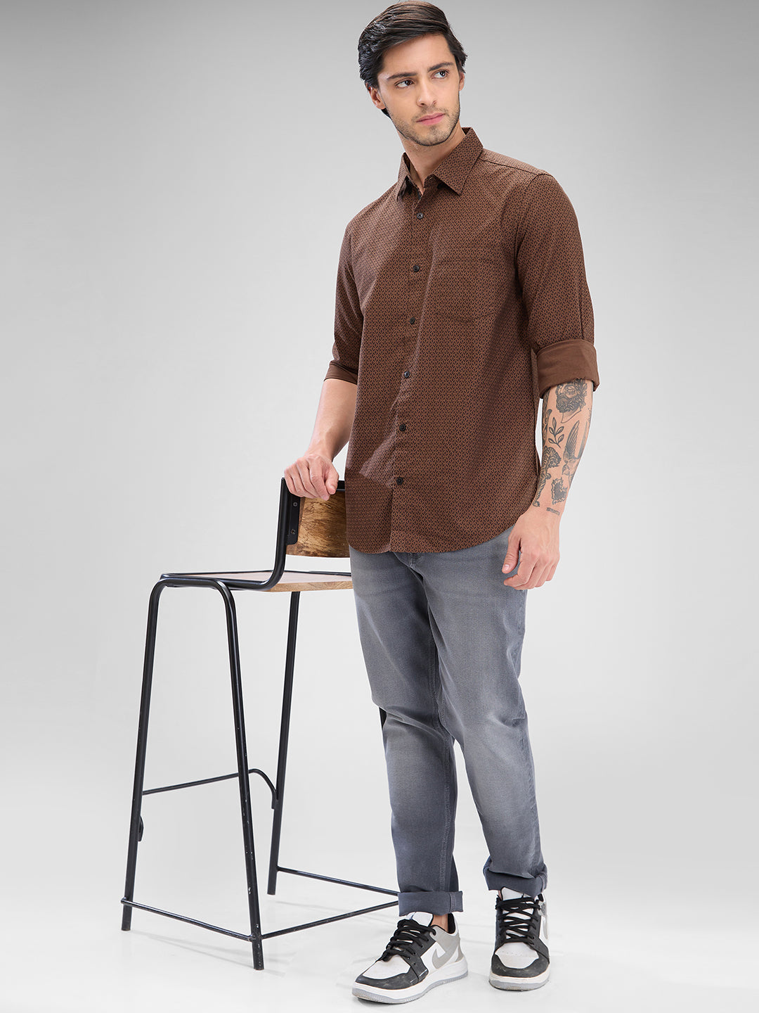 Spykar Bison Brown Cotton Full Sleeve  Shirt For Men