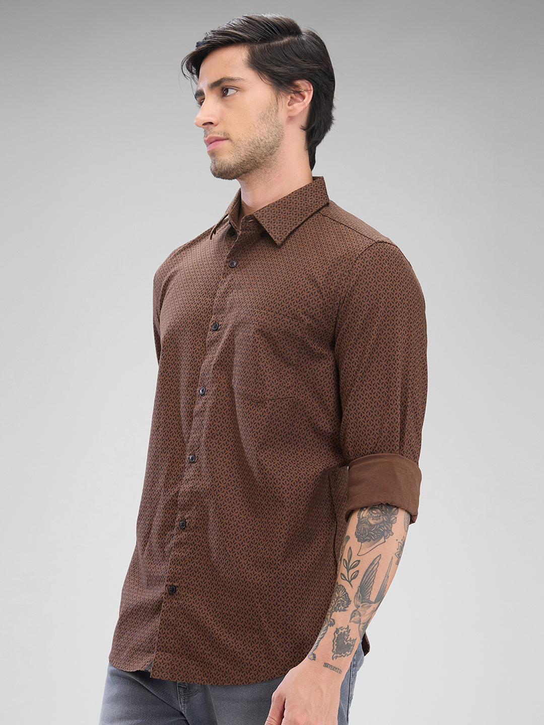 Spykar Bison Brown Cotton Full Sleeve  Shirt For Men