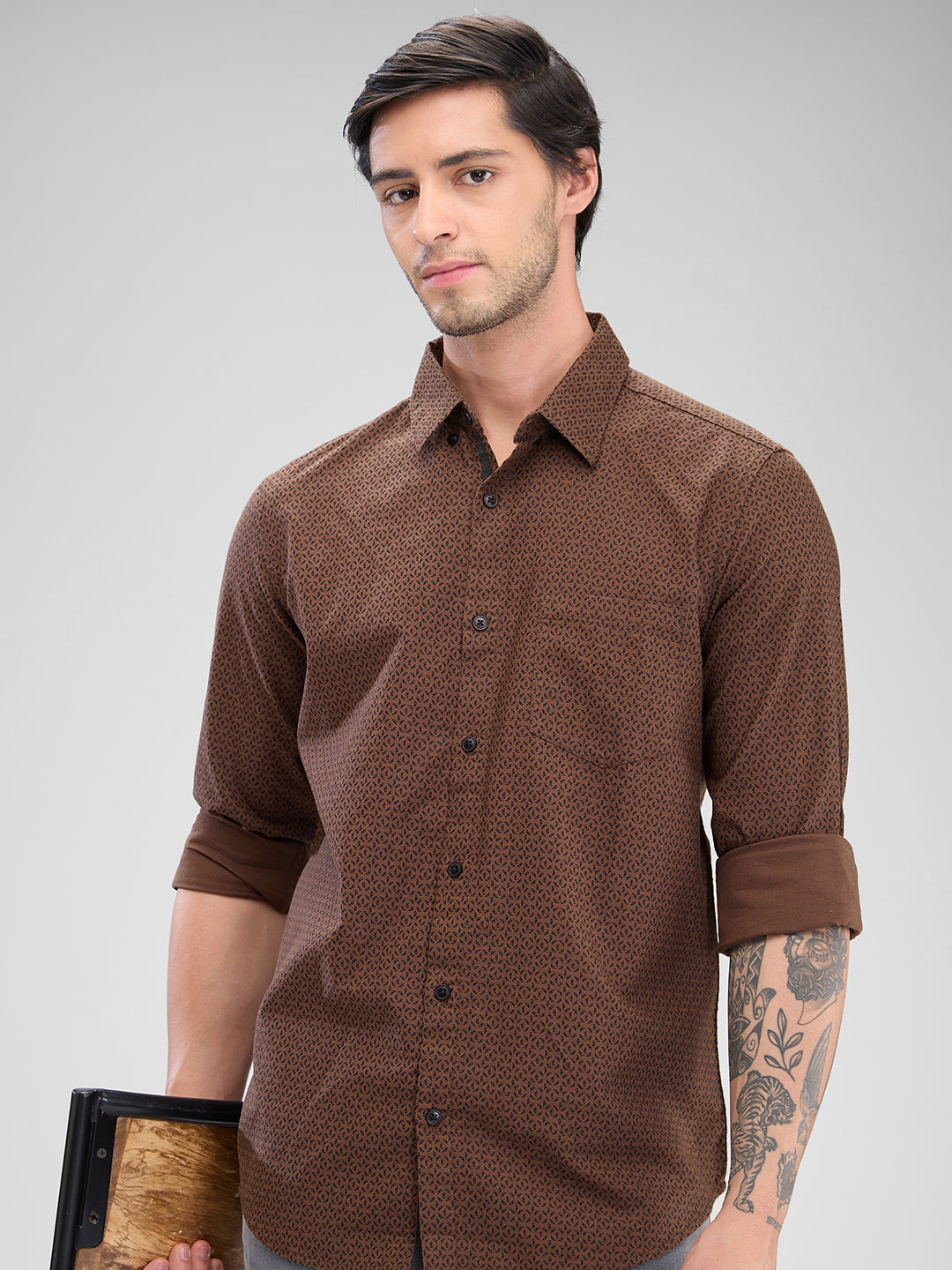 Spykar Bison Brown Cotton Full Sleeve  Shirt For Men