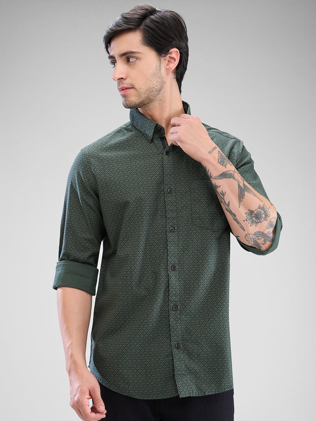 Spykar Cilantro Green Cotton Full Sleeve  Shirt For Men