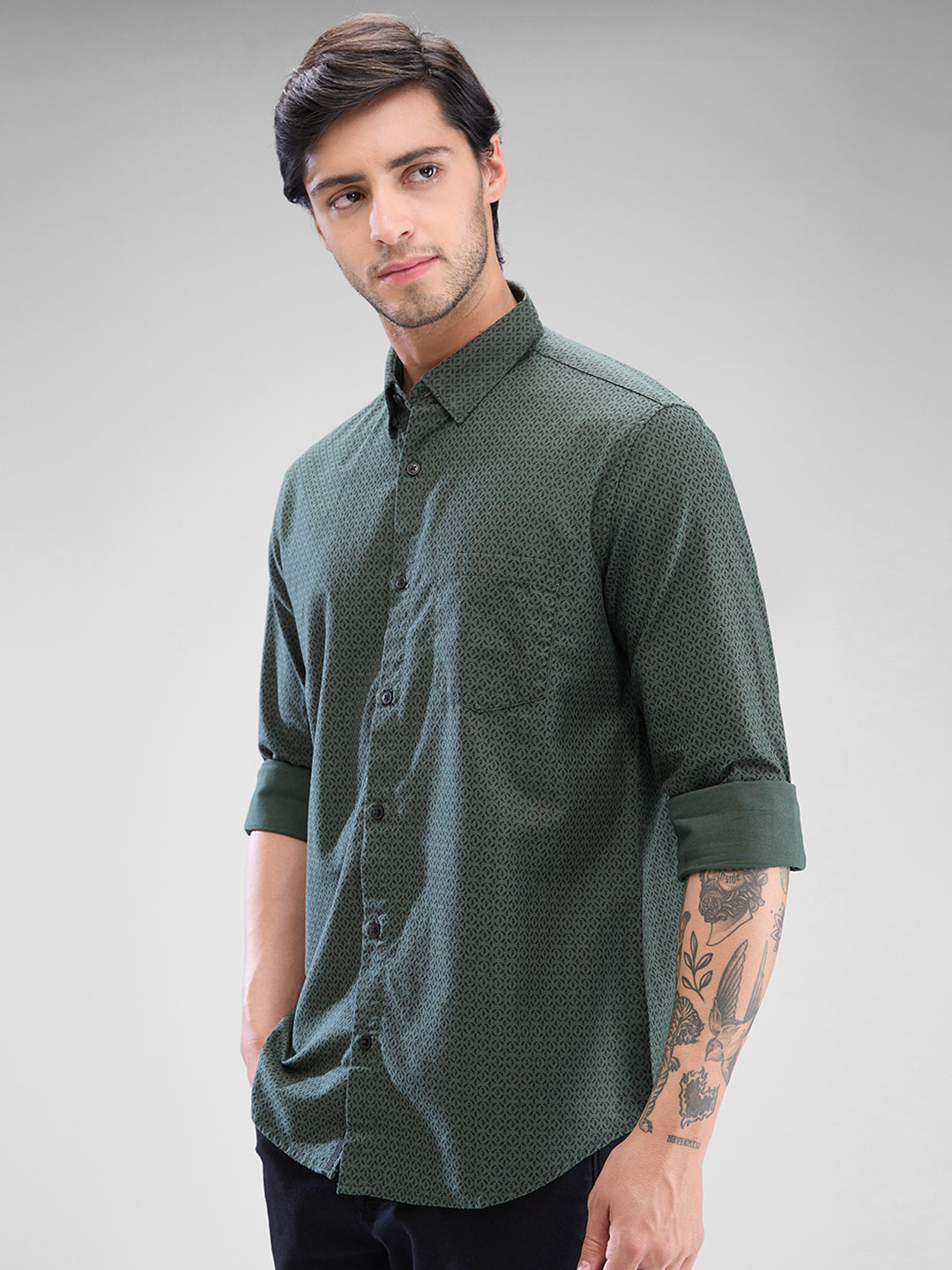 Spykar Cilantro Green Cotton Full Sleeve  Shirt For Men