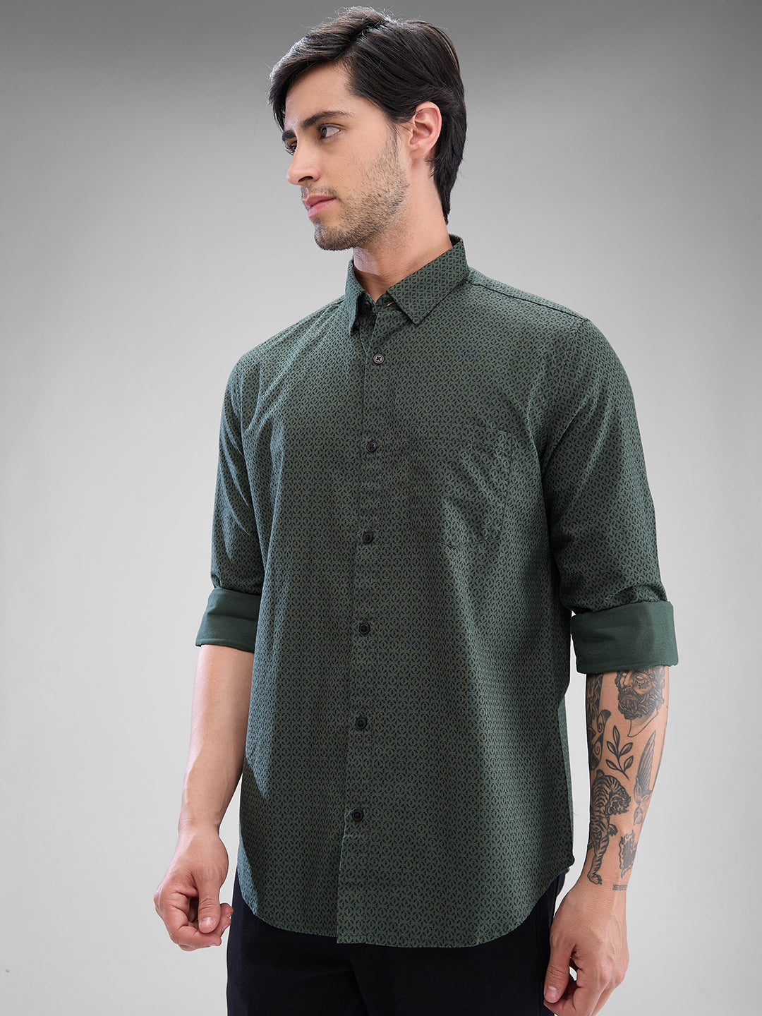 Spykar Cilantro Green Cotton Full Sleeve  Shirt For Men