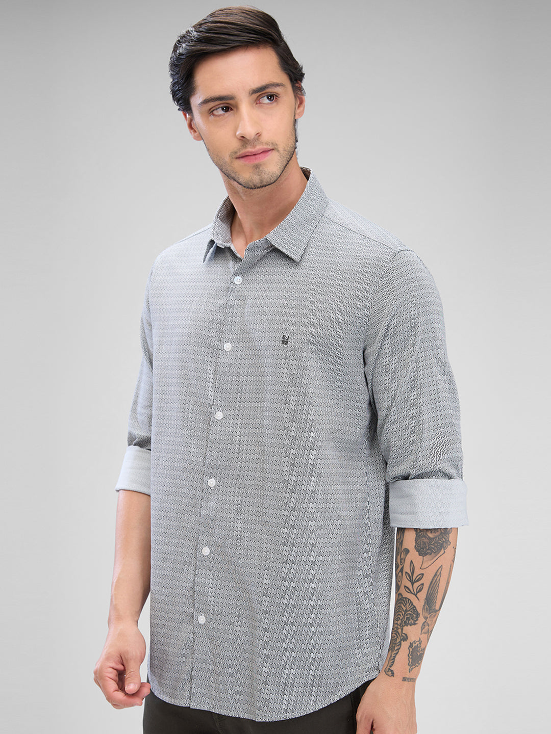 Spykar Silver Grey Cotton Full Sleeve Raised Collar Shirt For Men