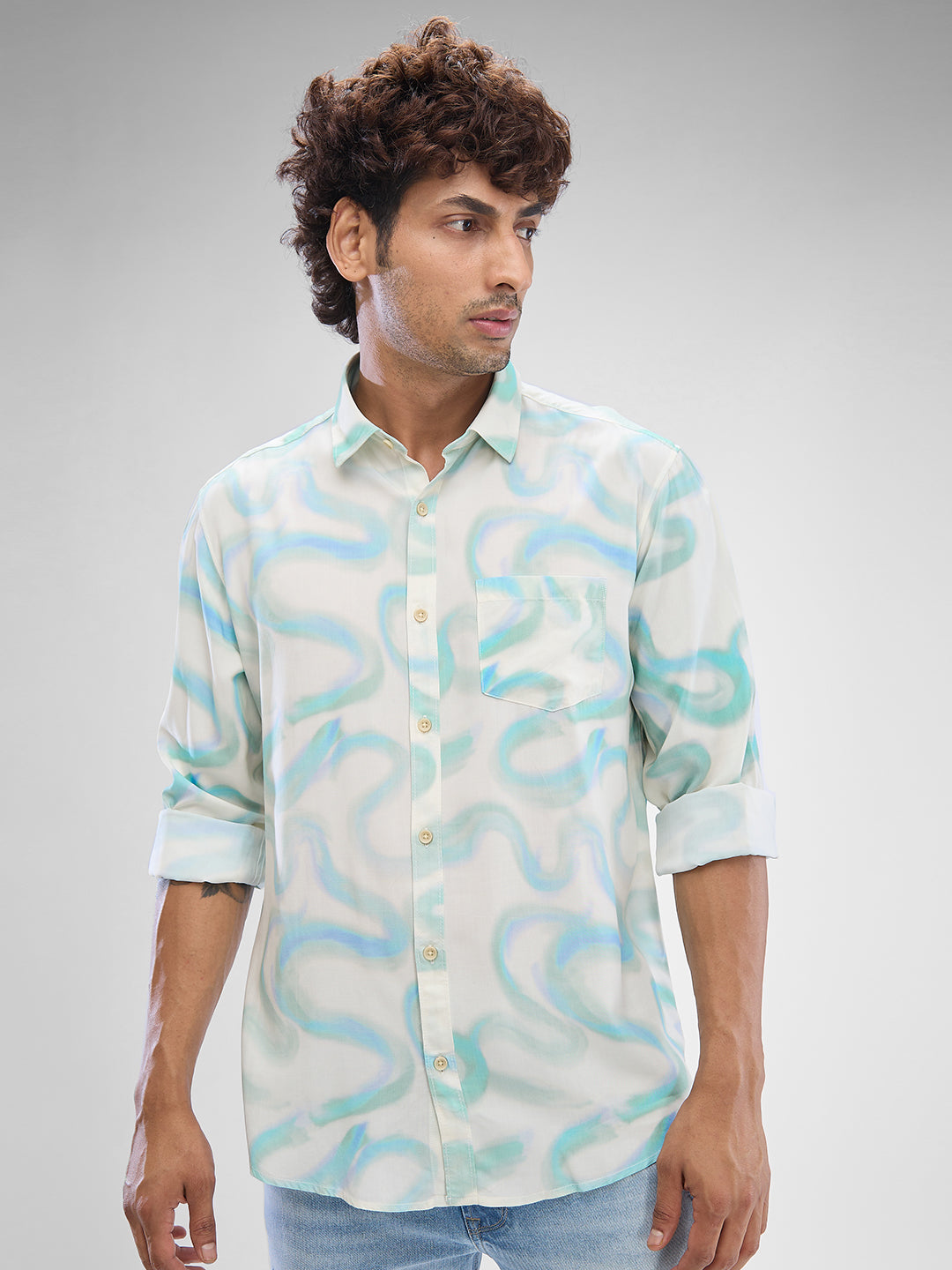 Men Shirt Print Blue Slim Fit