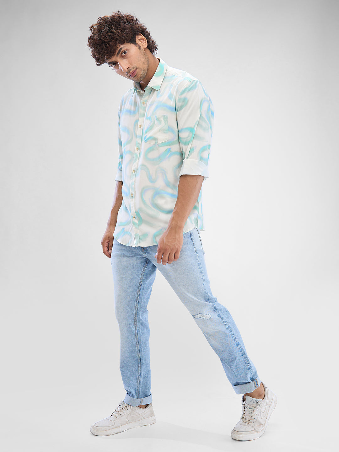 Men Shirt Print Blue Slim Fit