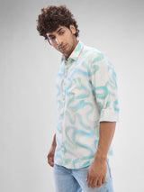 Men Shirt Print Blue Slim Fit