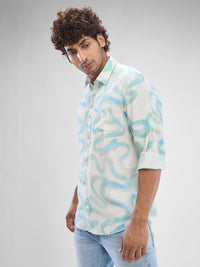 Men Shirt Print Blue Slim Fit