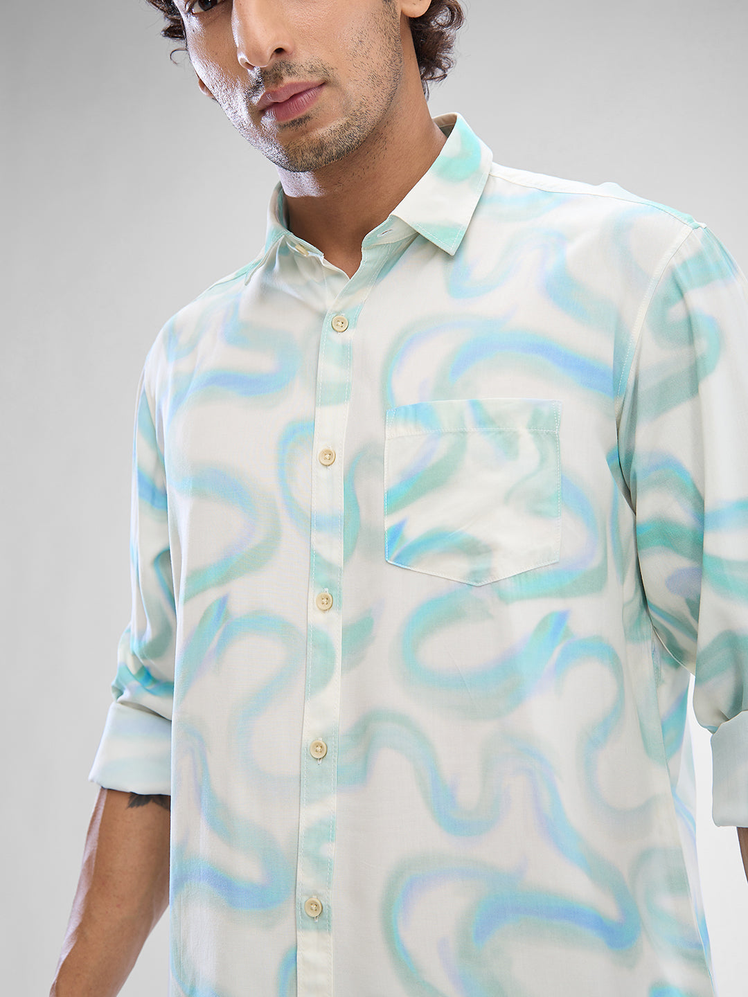 Men Shirt Print Blue Slim Fit