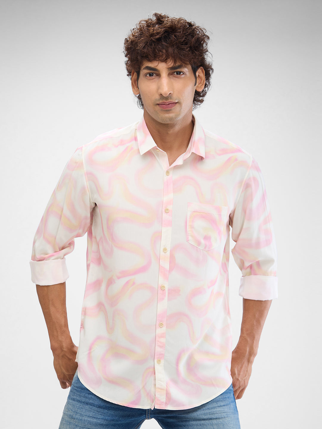 Spykar Pastel Pink Cotton Viscose Full Sleeve Raised Collar Shirt For Men