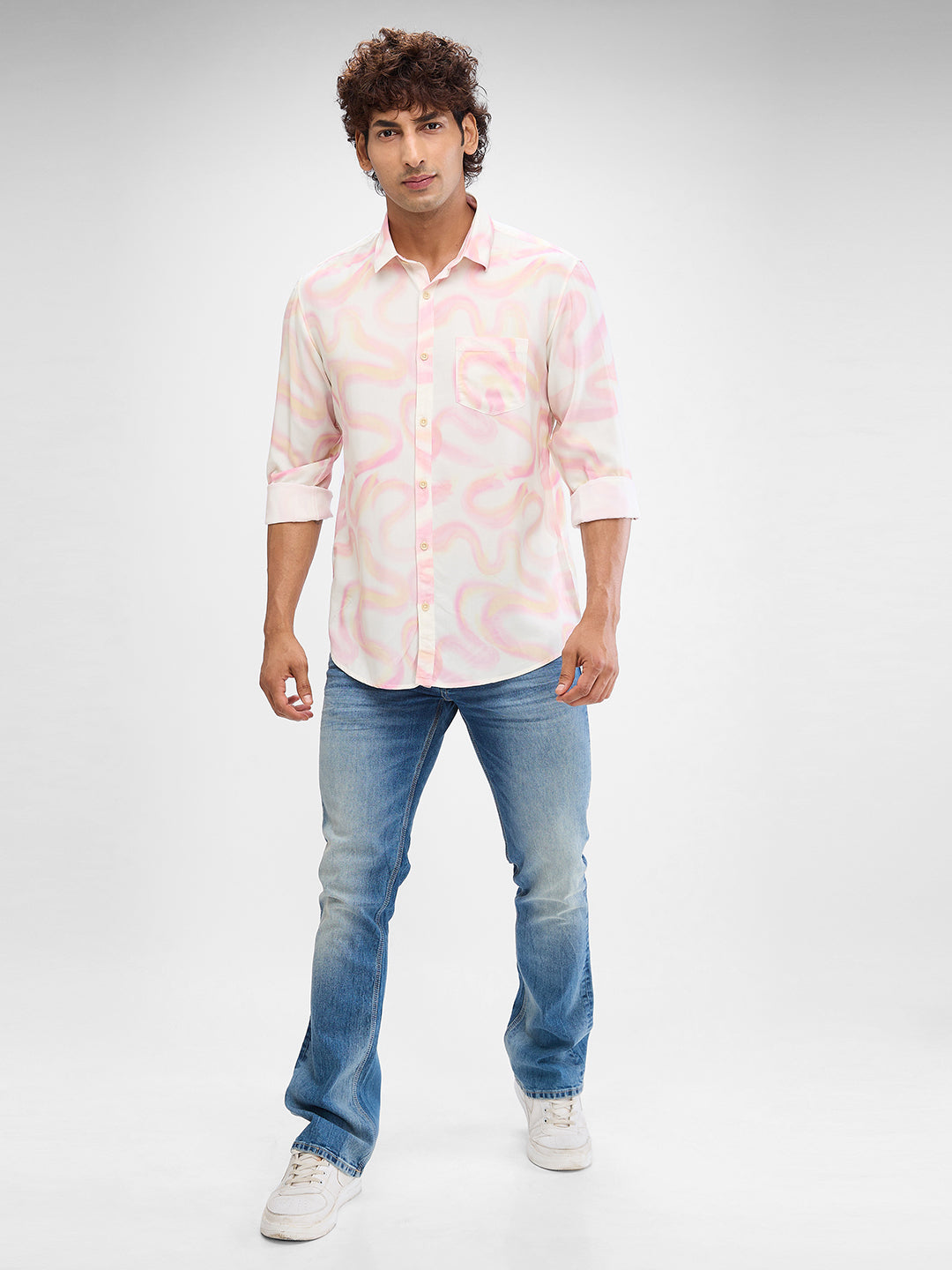 Spykar Pastel Pink Cotton Viscose Full Sleeve Raised Collar Shirt For Men