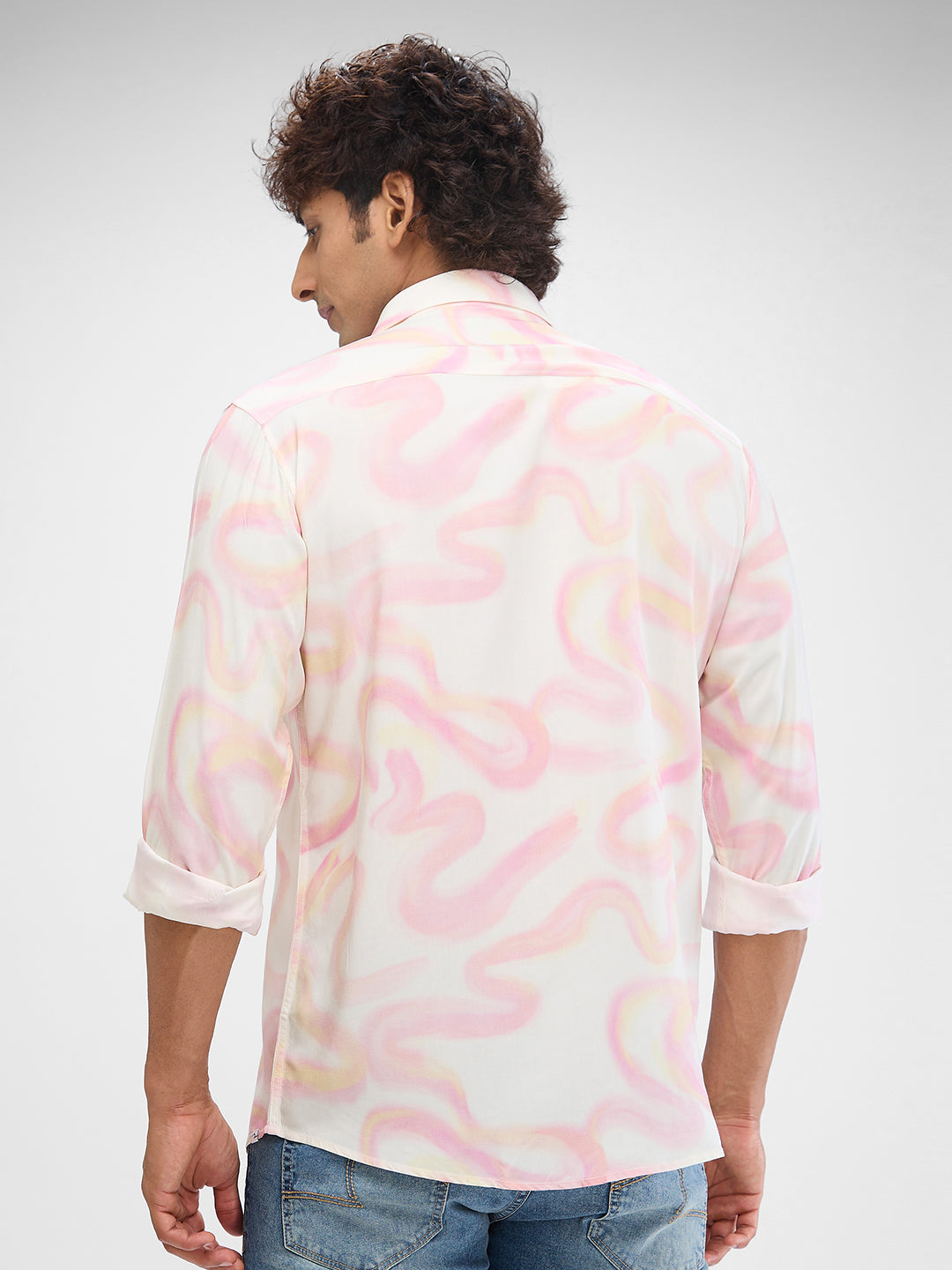 Spykar Pastel Pink Cotton Viscose Full Sleeve Raised Collar Shirt For Men