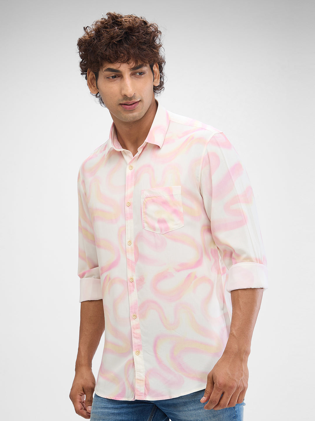 Spykar Pastel Pink Cotton Viscose Full Sleeve Raised Collar Shirt For Men