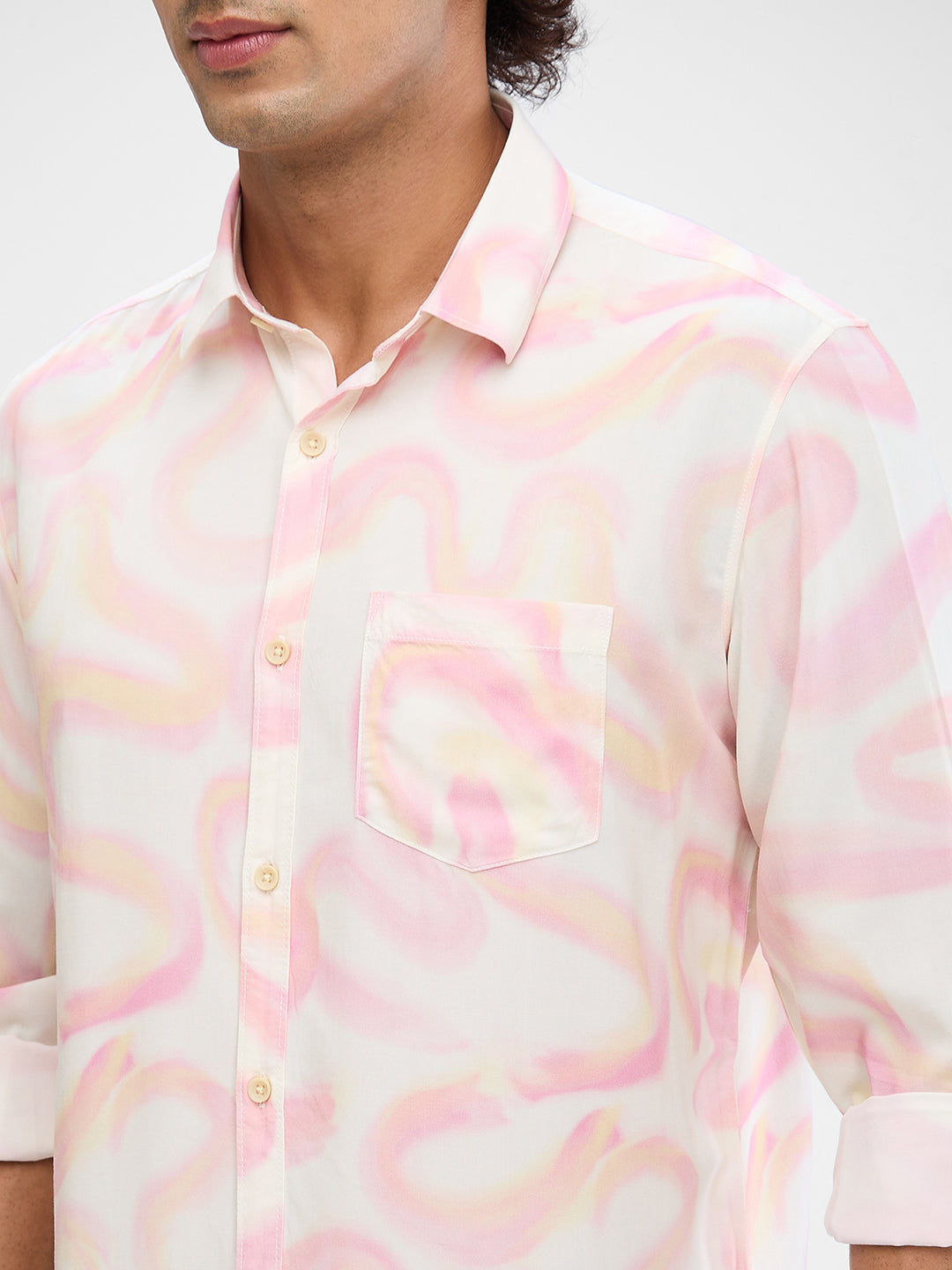 Spykar Pastel Pink Cotton Viscose Full Sleeve Raised Collar Shirt For Men