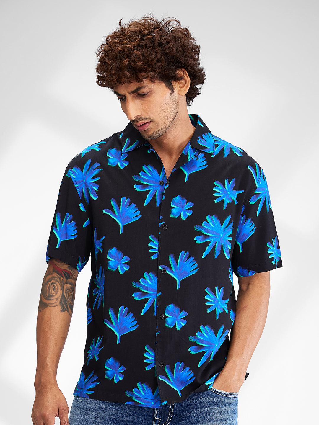 Men Shirt Print Black Relaxed Fit