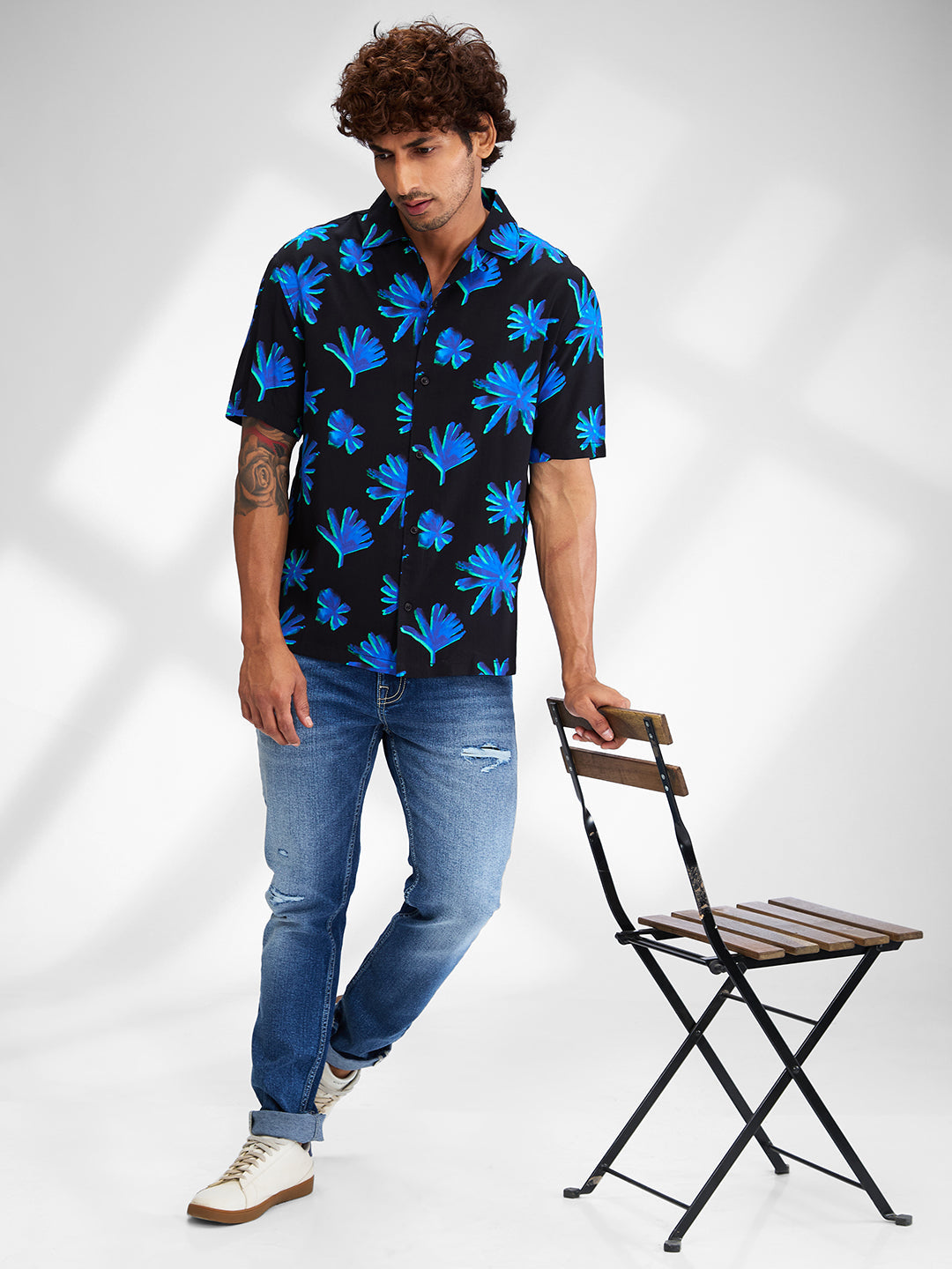 Men Shirt Print Black Relaxed Fit