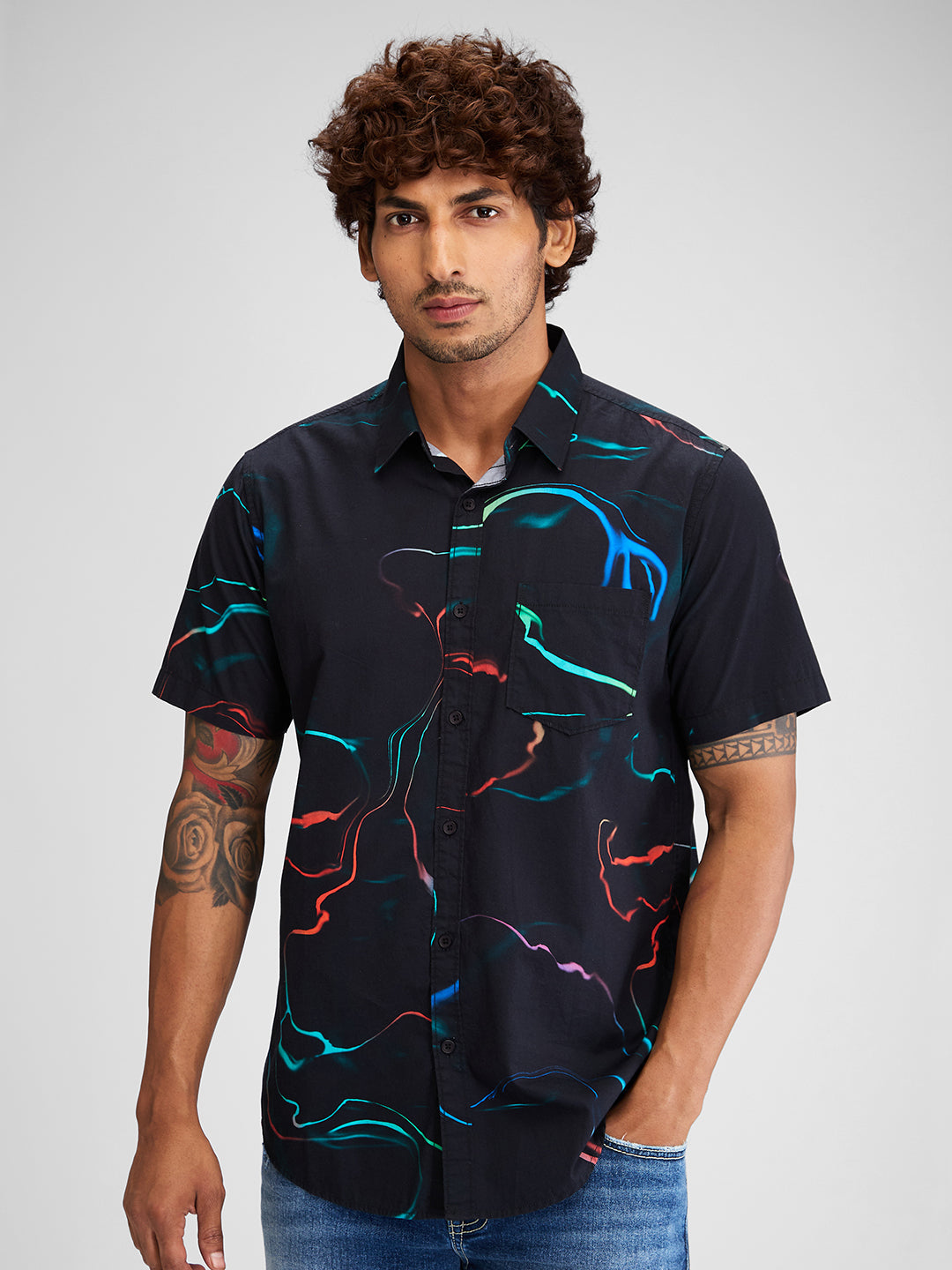 Spykar Black Half Sleeves Cotton Slim Fit Printed Shirt For Men