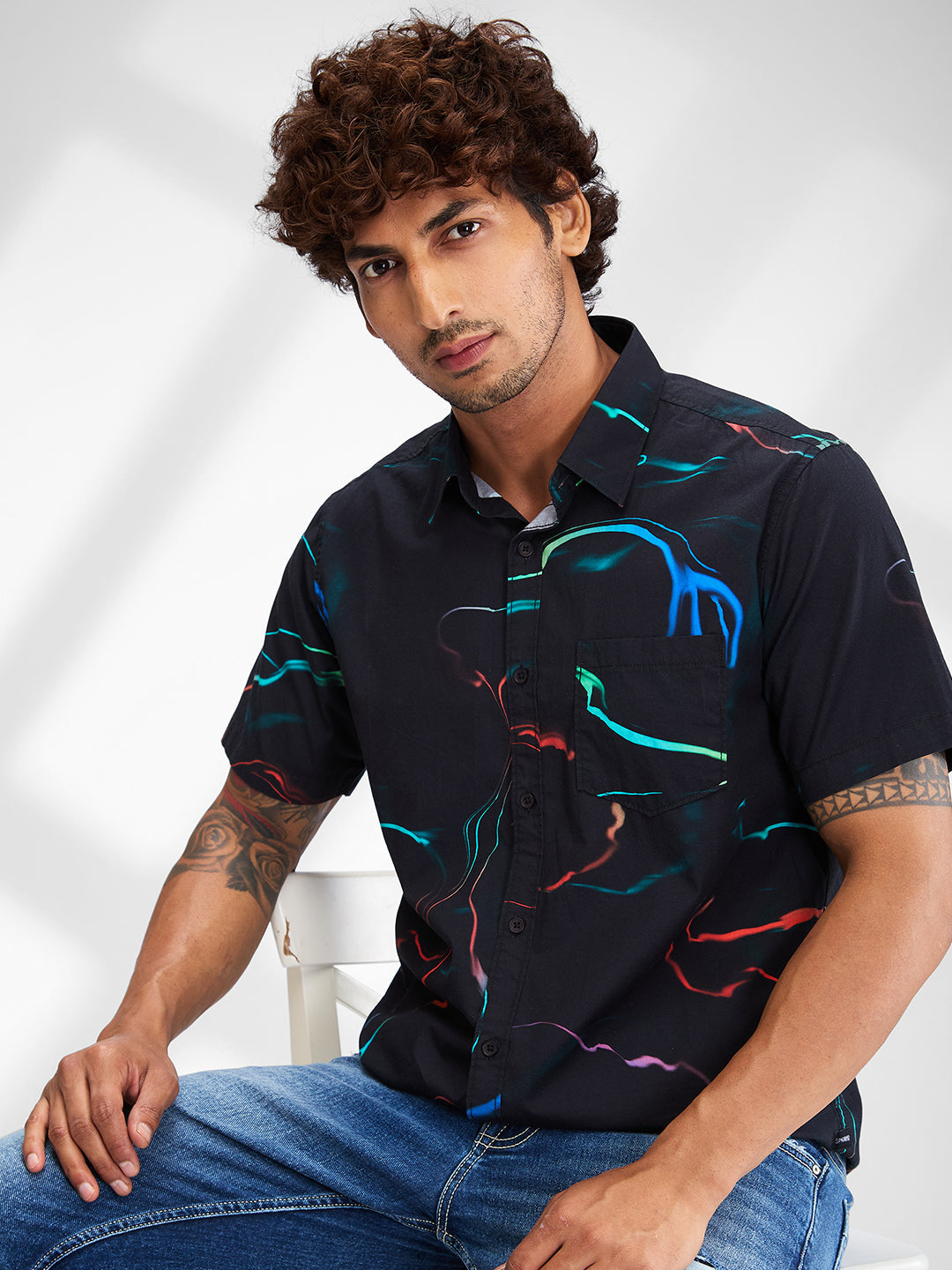Men Shirt Print Black Slim Fit