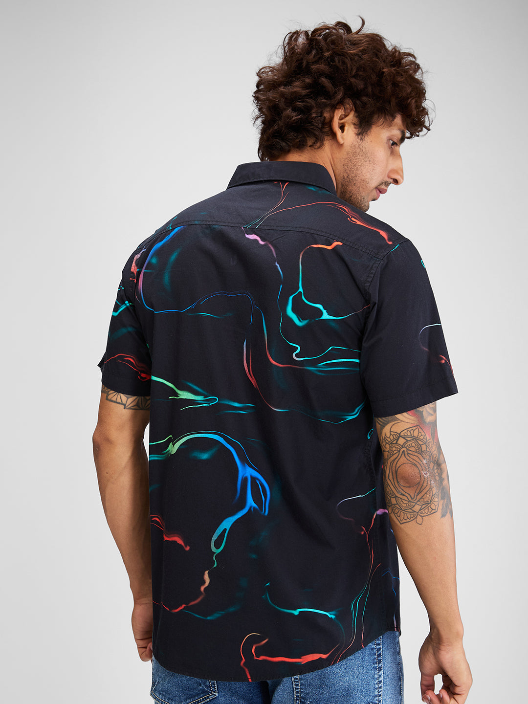 Men Shirt Print Black Slim Fit