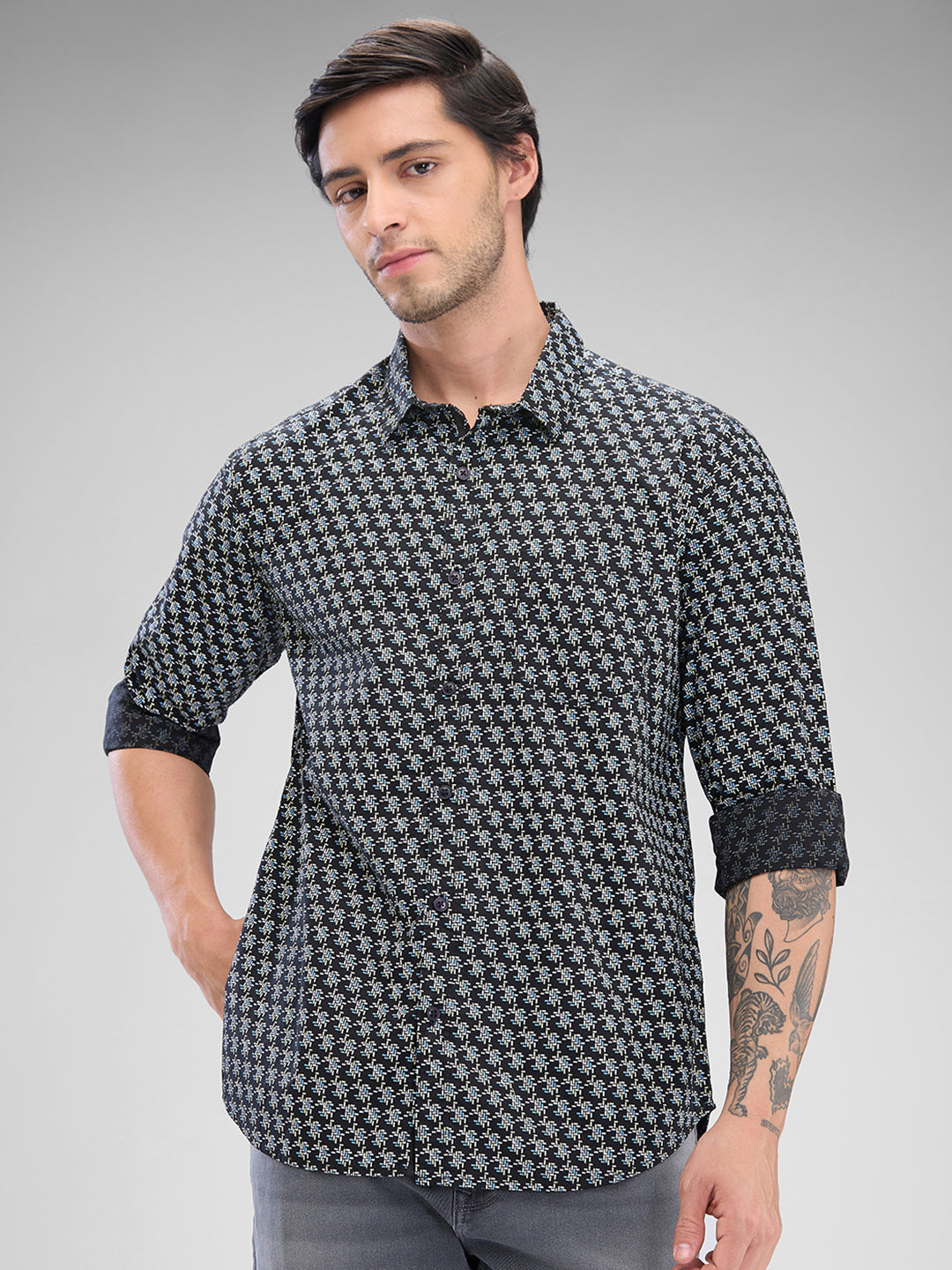 Men Shirt Blue Raised Collar