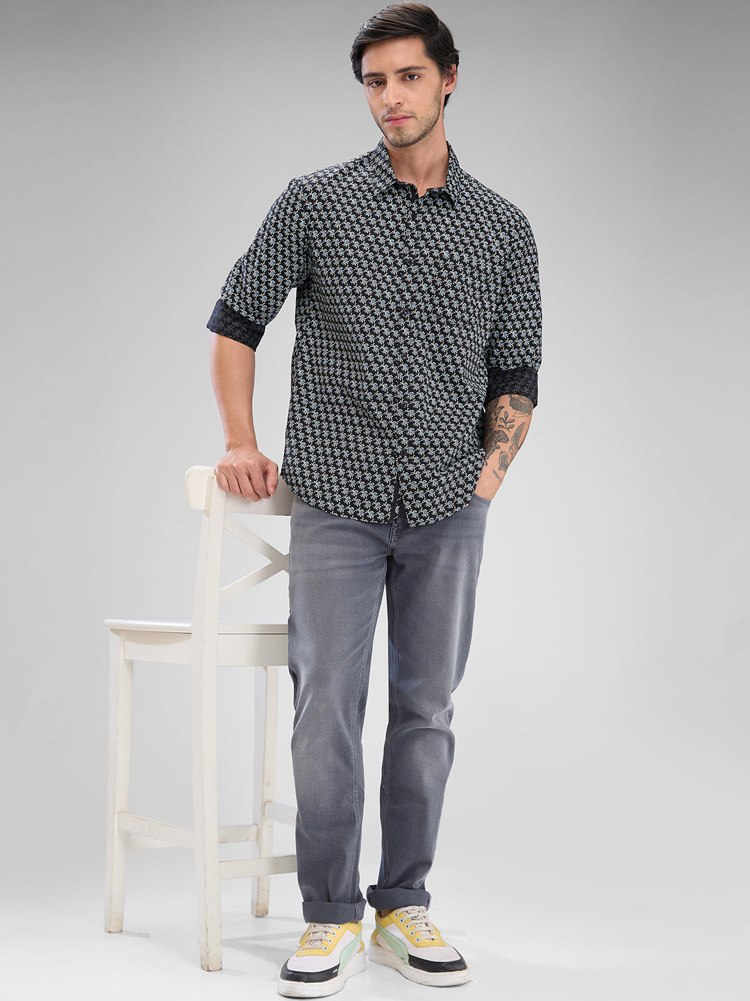 Men Shirt Blue Raised Collar