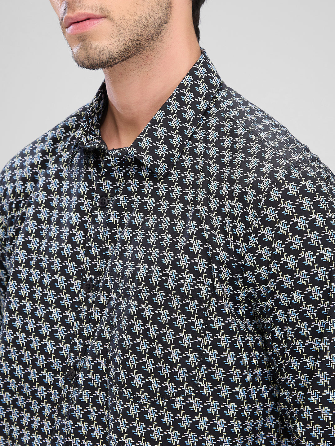 Men Shirt Blue Raised Collar