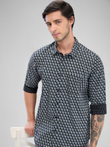 Men Shirt Blue Raised Collar