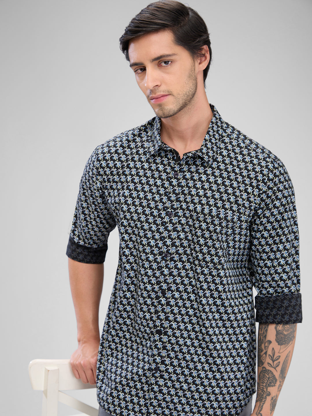 Men Shirt Blue Raised Collar