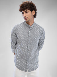 Men Shirt Print Grey Slim Fit