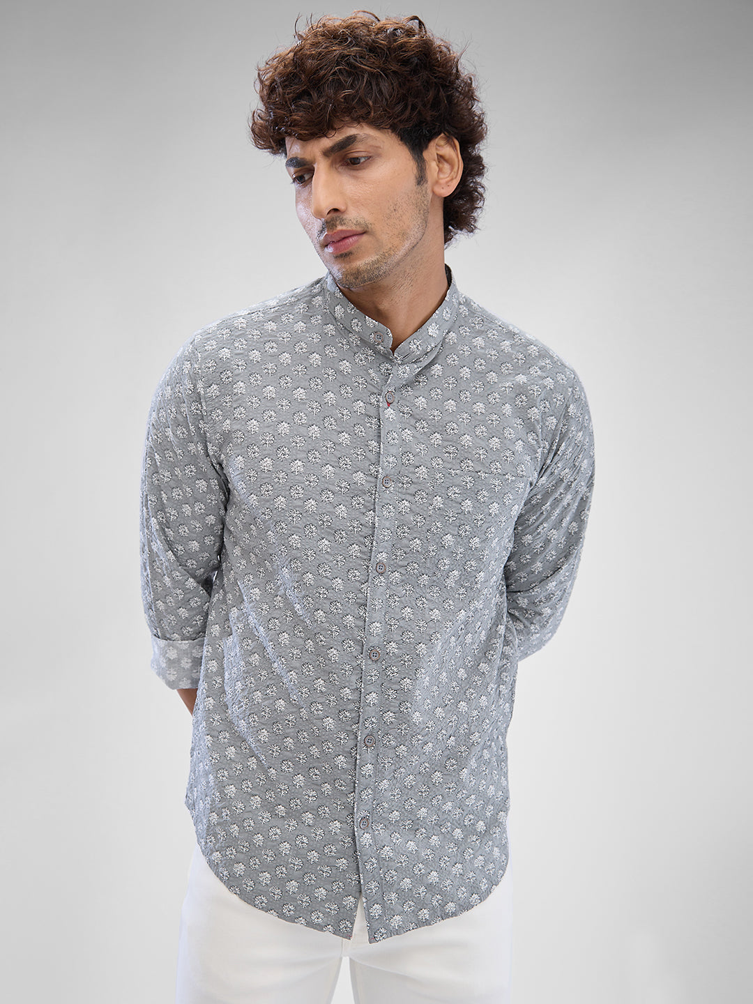 Men Shirt Print Grey Slim Fit