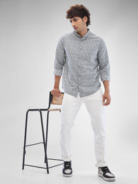 Men Shirt Print Grey Slim Fit