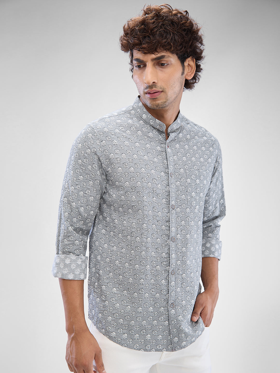 Men Shirt Print Grey Slim Fit