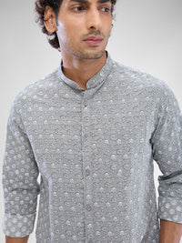 Men Shirt Print Grey Slim Fit