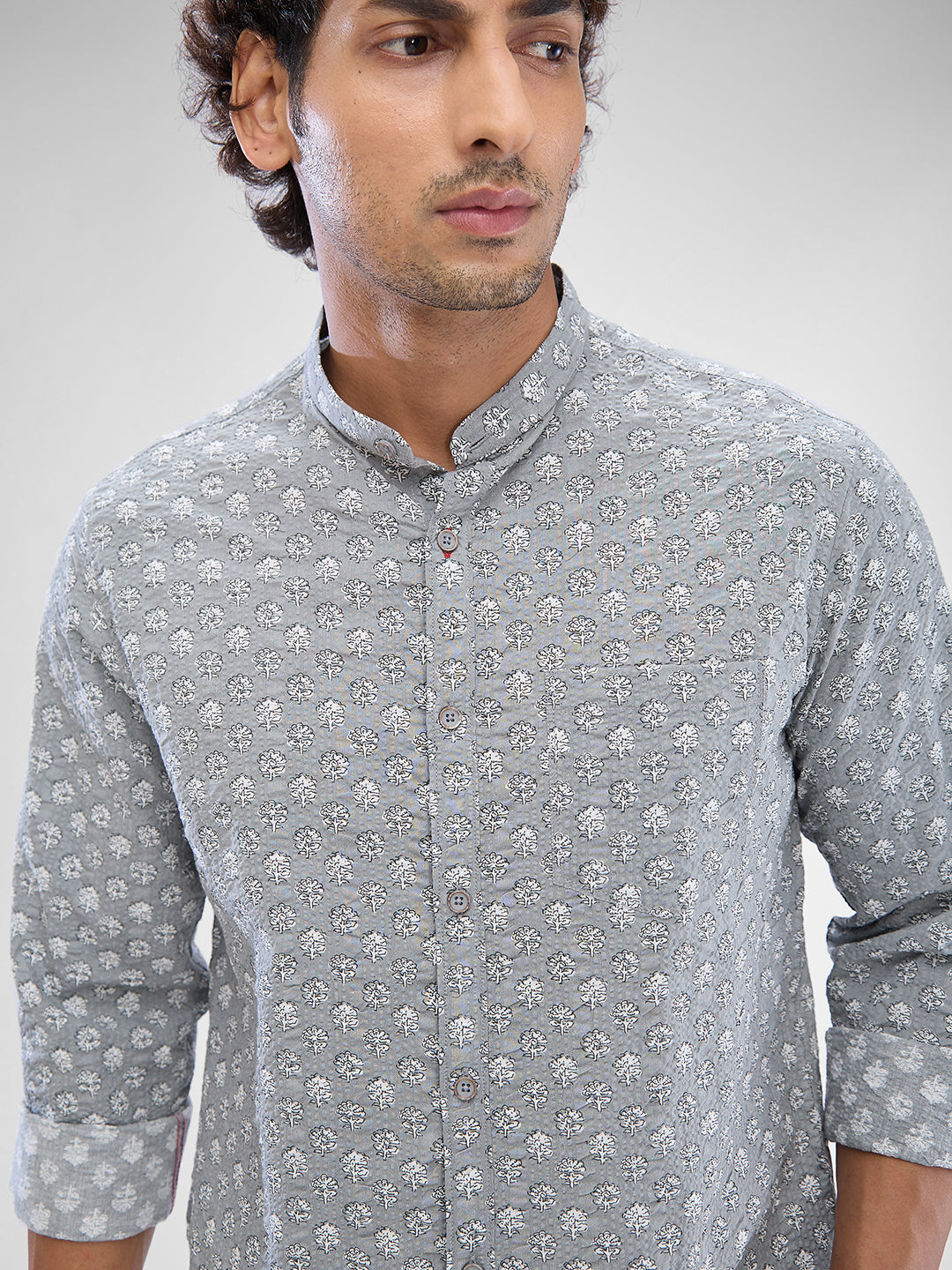 Men Shirt Print Grey Slim Fit