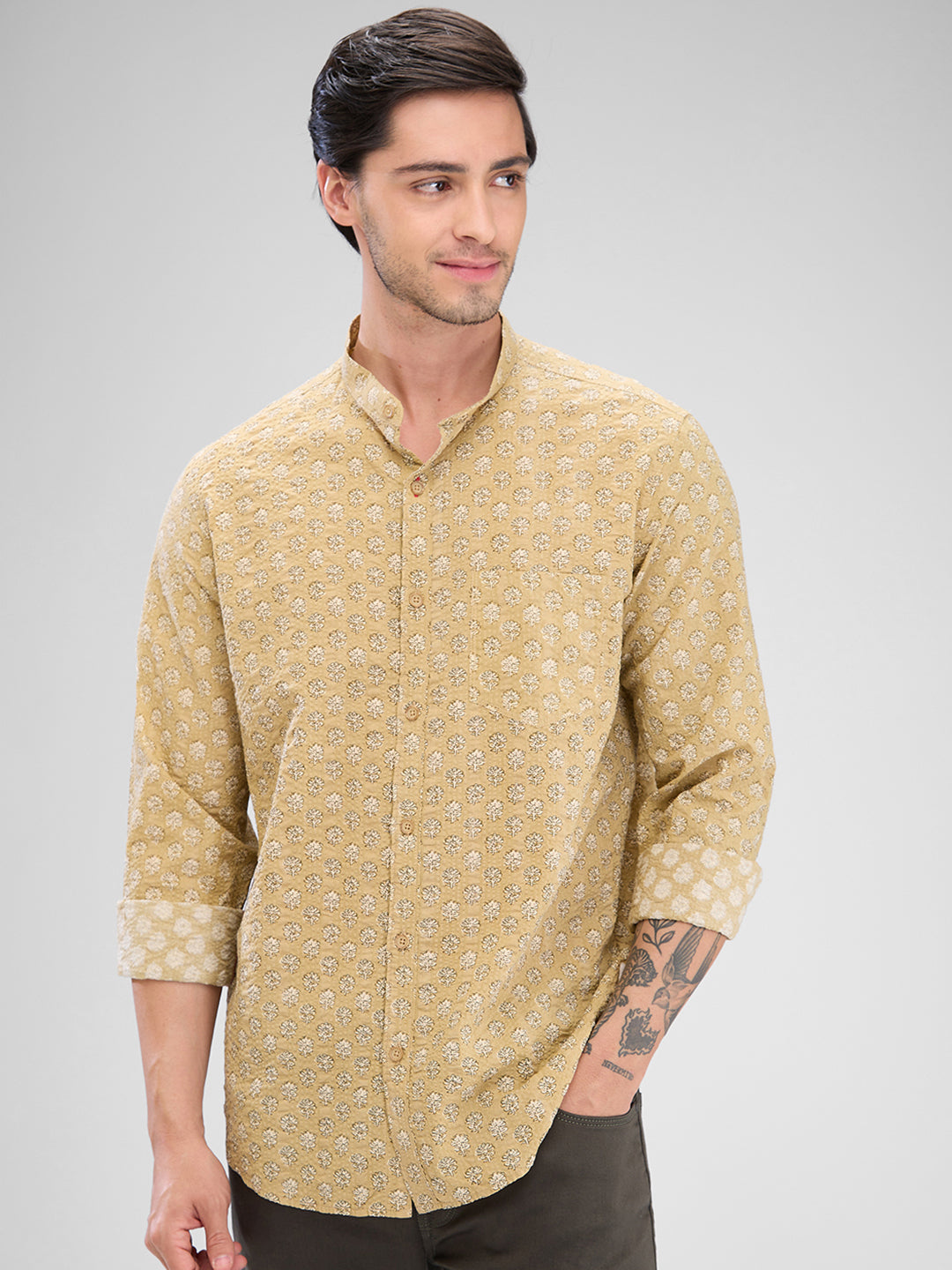 Spykar Sand Khaki Cotton Full Sleeve  Shirt For Men